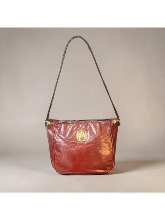 VTG Etienne Aigner Shoulder Bag Oxblood Leather Brass Logo 70s Germany Handmade - Picture 2 of 9